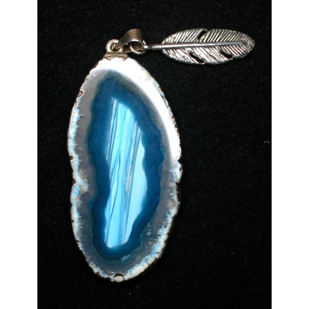Blue Agate Pendant With Feather Charm